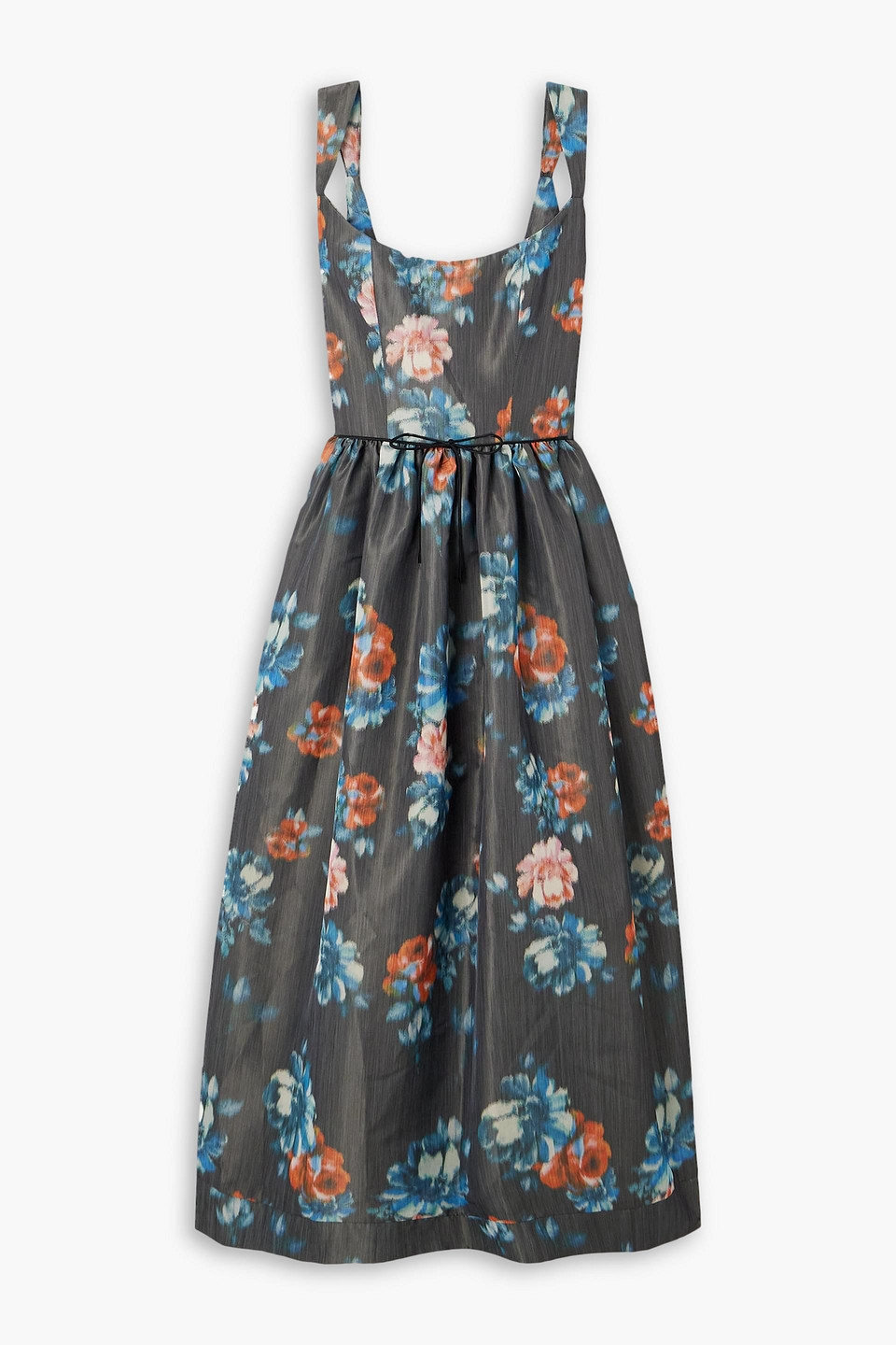 Markarian Apple Dark Floral-print Taffeta Midi Dress In Dark Gray