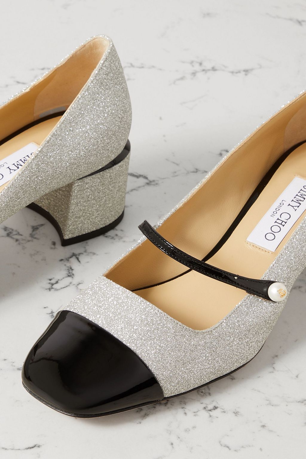 JIMMY CHOO Elisa 45 glittered and patent-leather Mary Jane pumps