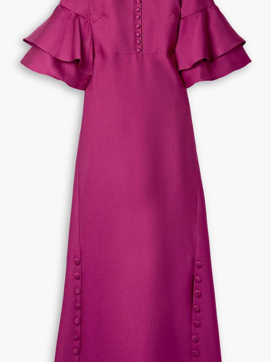 button-embellished ruffled satin-piqué gown