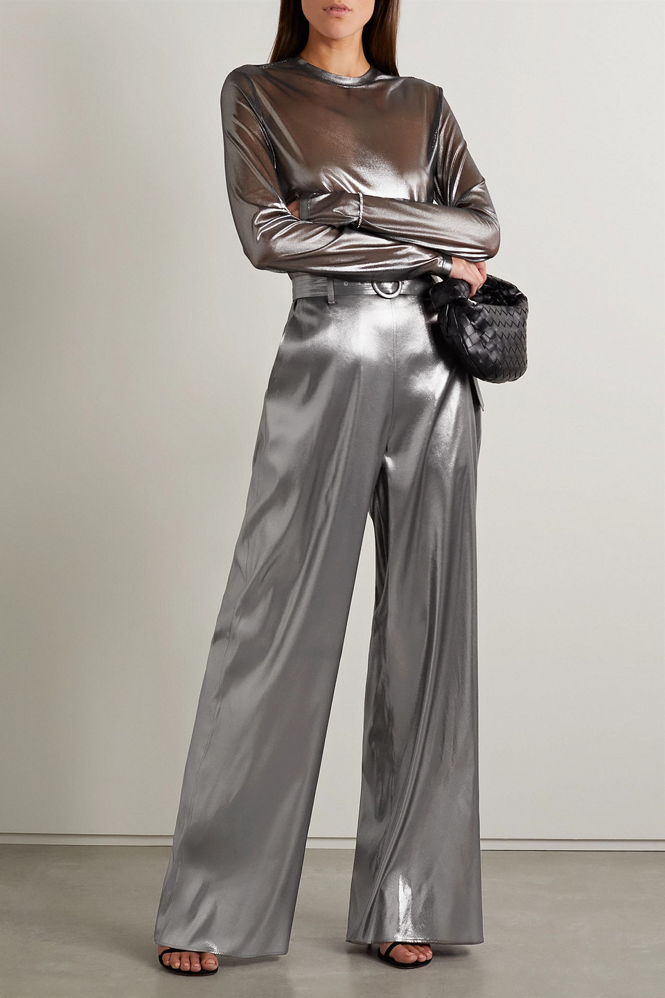  Lapointe - Hose Mit Weitem Bein Aus Seiden-lamé Mit Gürtel - Metallic - Us 6 