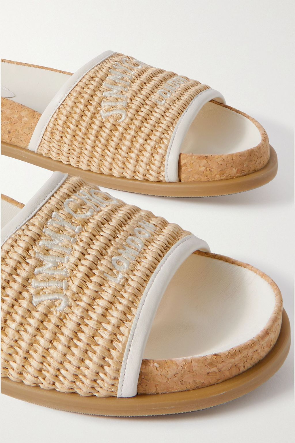 JIMMY CHOO 갤 자수 가죽 트리밍 라피아 샌들