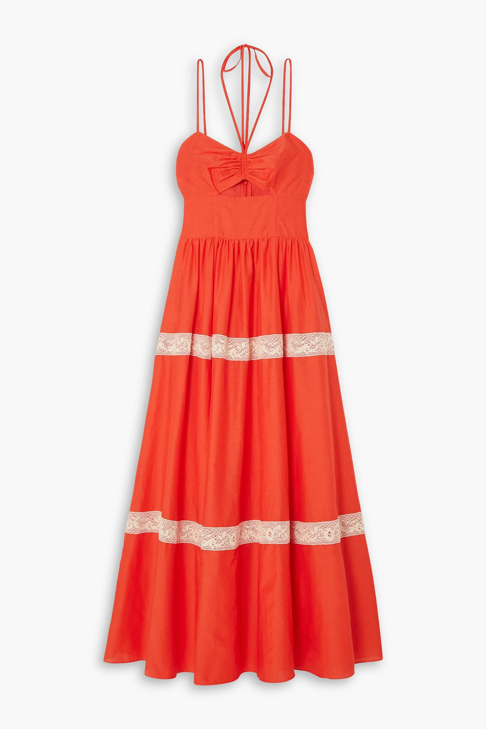 Jason Wu Cutout Lace-trimmed Cotton And Silk-blend Voile Maxi Dress In Tomato Red