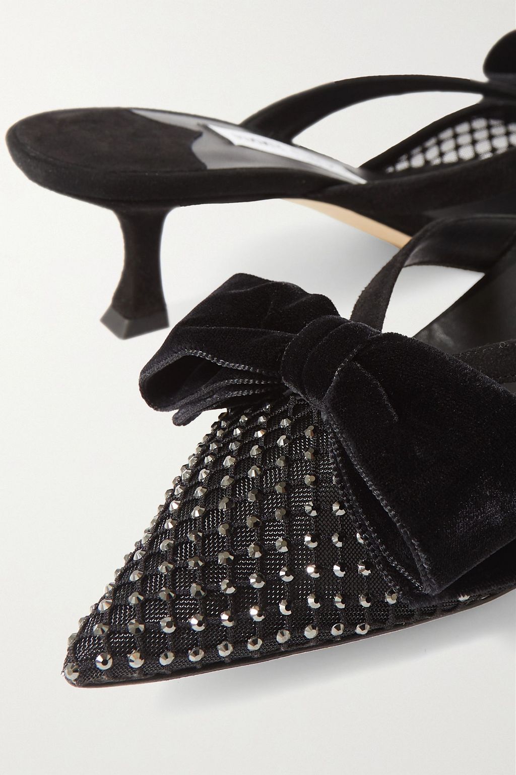 JIMMY CHOO Flaca 50 bow and crystal-embellished mesh and suede mules