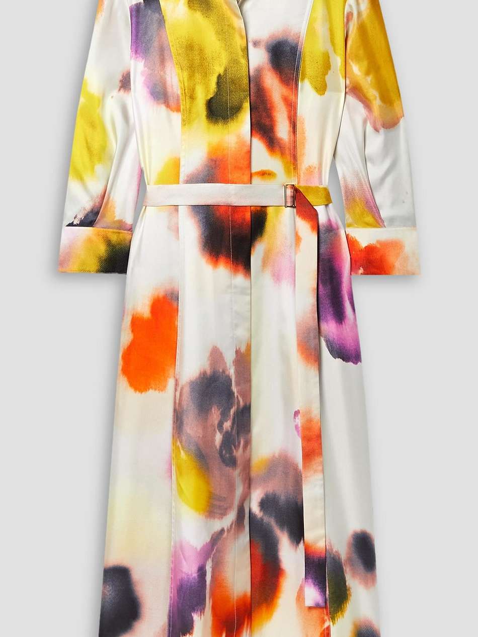 belted printed silk-satin twill midi shirt dress