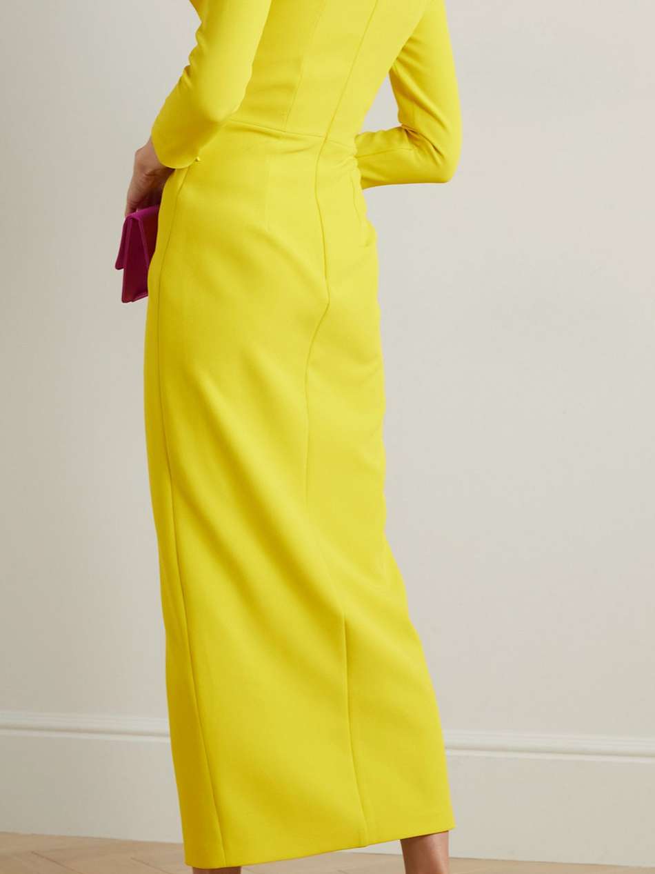 avery draped gathered stretch-crepe midi dress