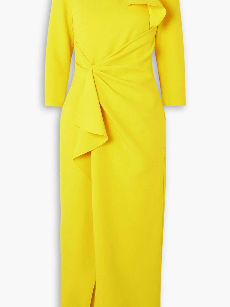 avery draped gathered stretch-crepe midi dress