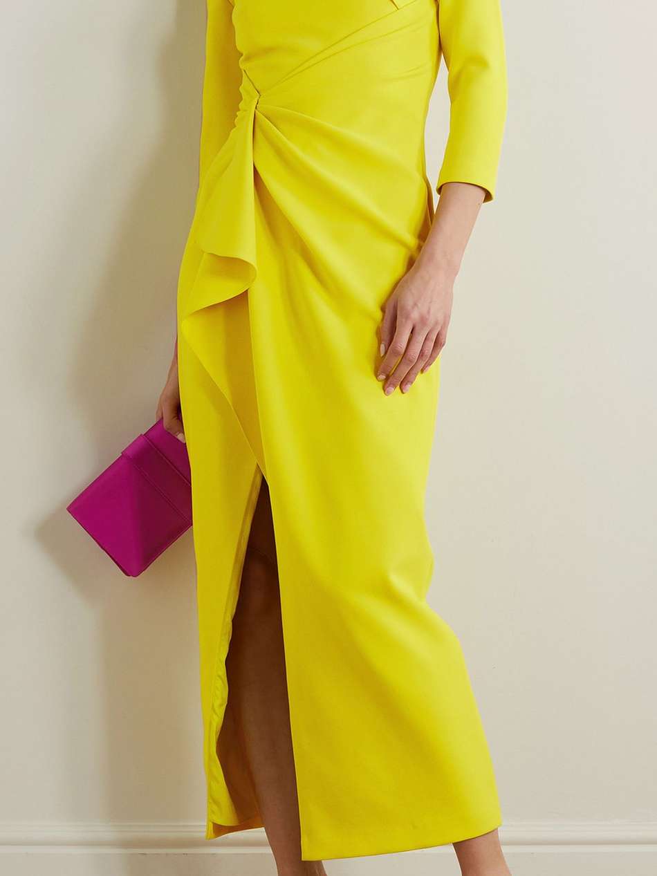 avery draped gathered stretch-crepe midi dress