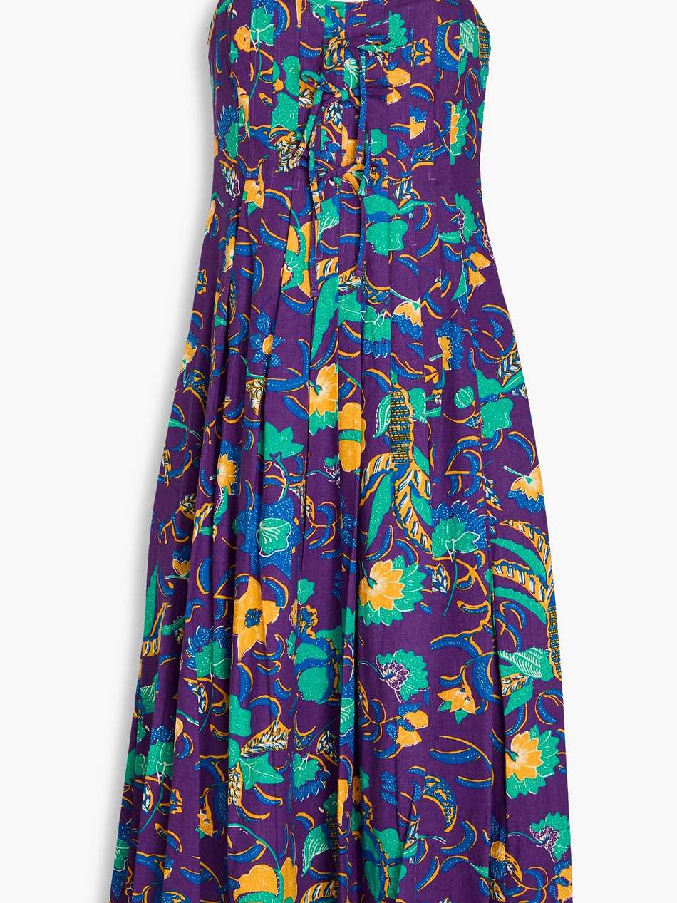 pleated floral-print linen-blend midi dress