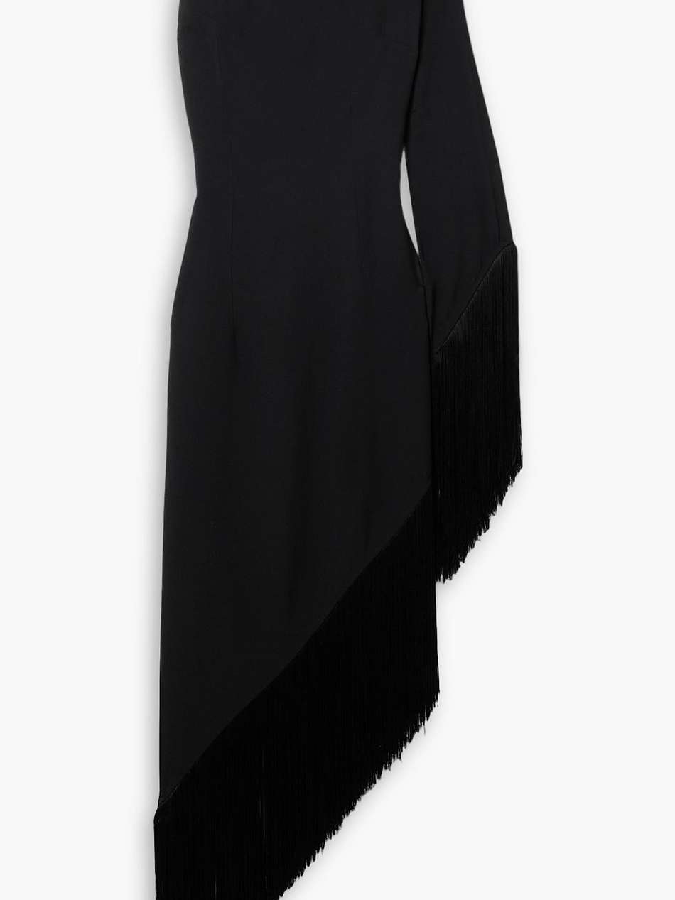 aventador one-sleeve asymmetric fringed crepe dress