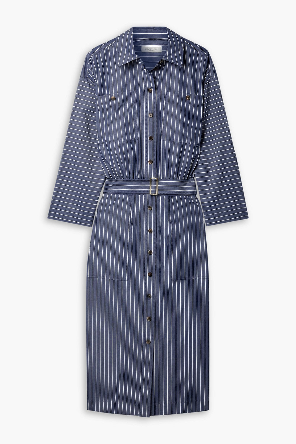 Belted striped cotton-poplin midi shirt dress