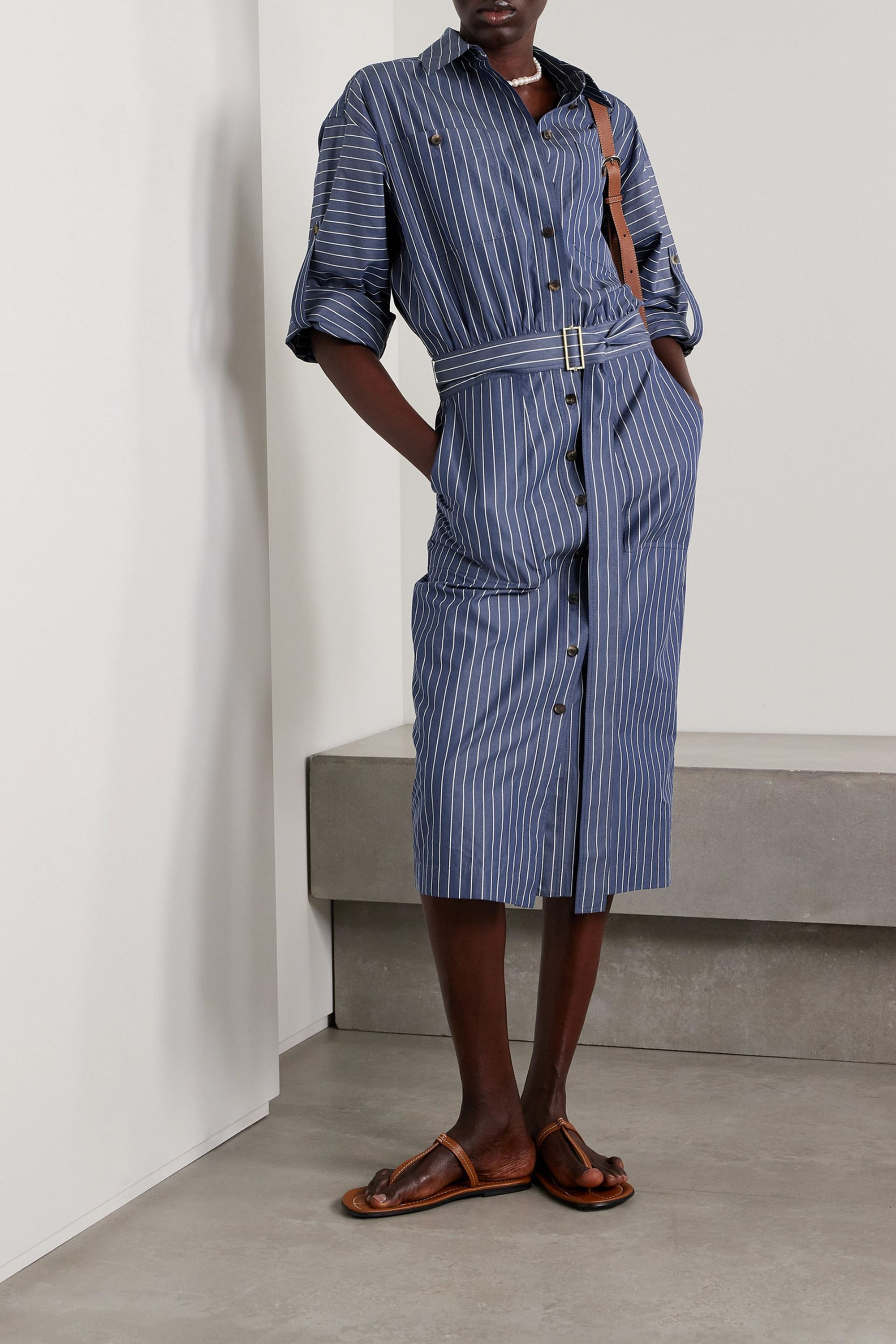 LAFAYETTE 148 Belted striped cotton-poplin midi shirt dress