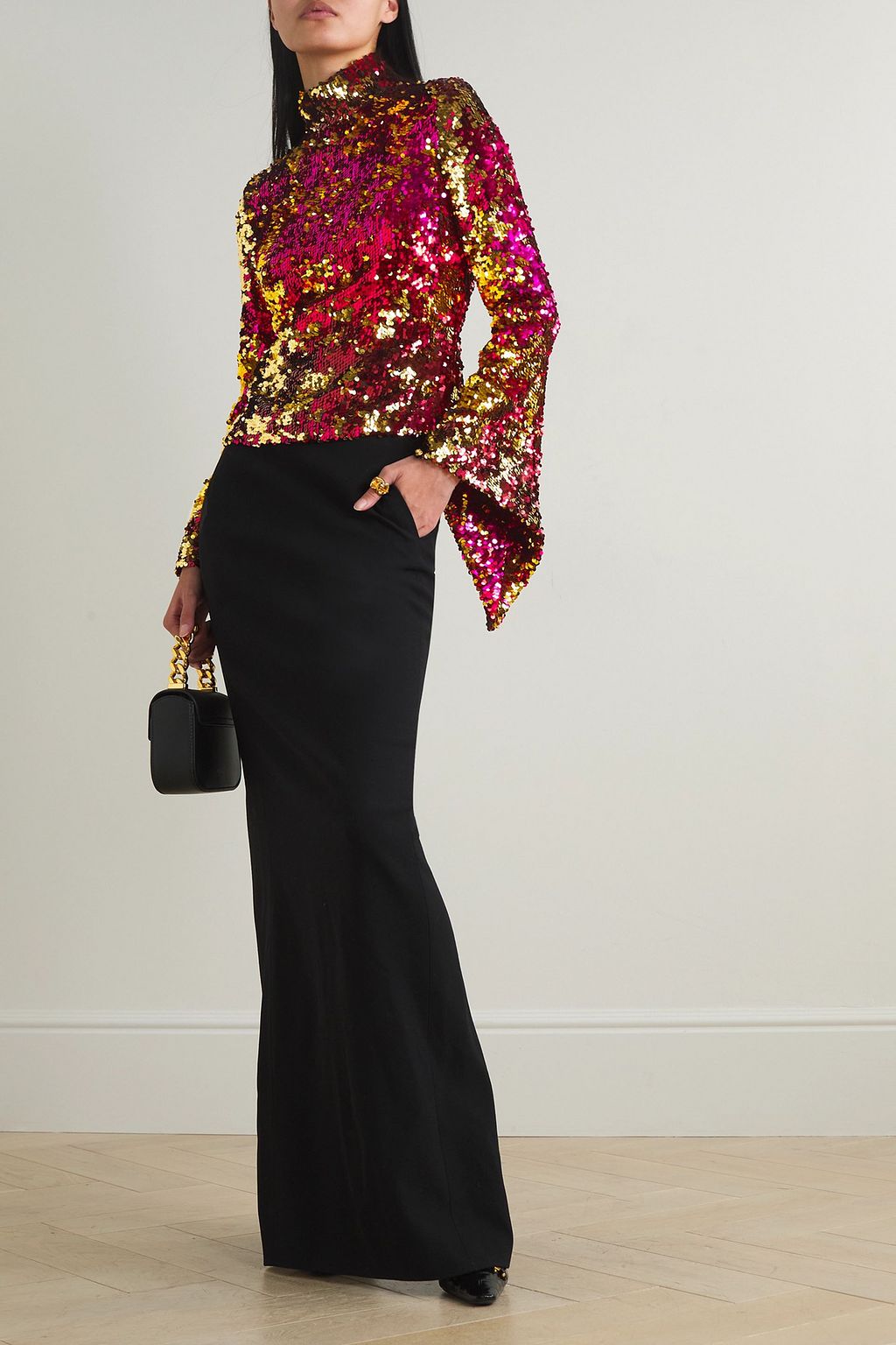 HALPERN Sequined tulle turtleneck top