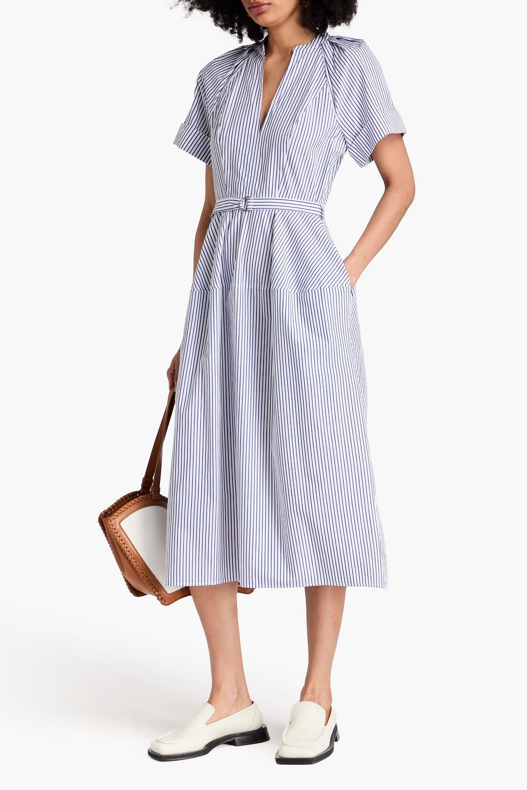 DEREK LAM 10 CROSBY 스트라이프 코튼 포플린 미디 셔츠 드레스