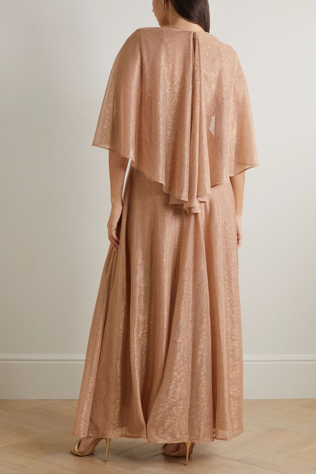 TALBOT RUNHOF Cape-effect twist-front sequin-embellished metallic voile gown