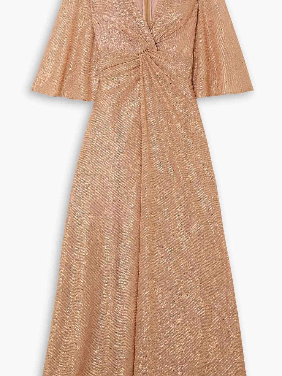 cape-effect twist-front sequin-embellished metallic voile gown