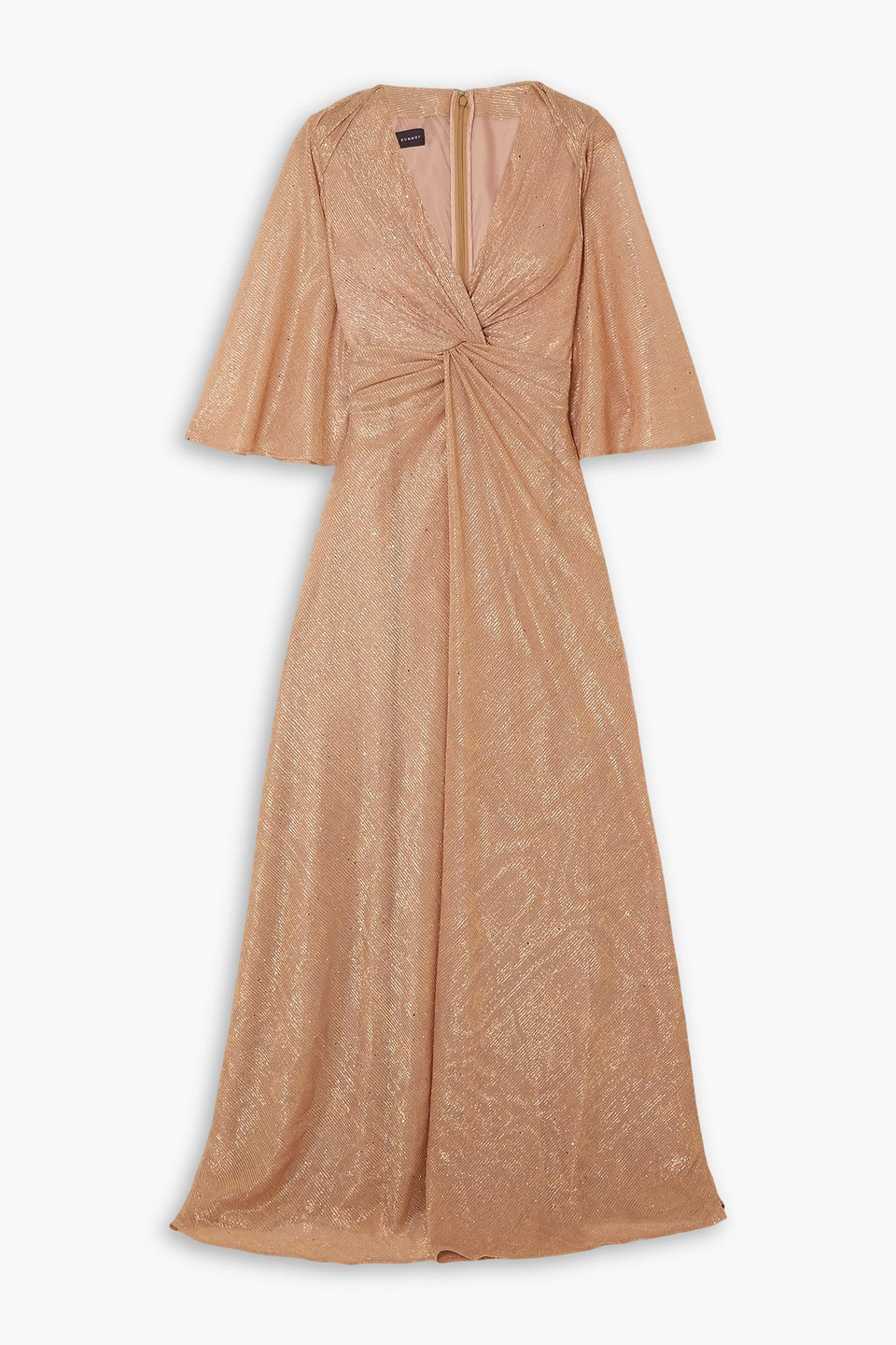 Cape-effect twist-front sequin-embellished metallic voile gown