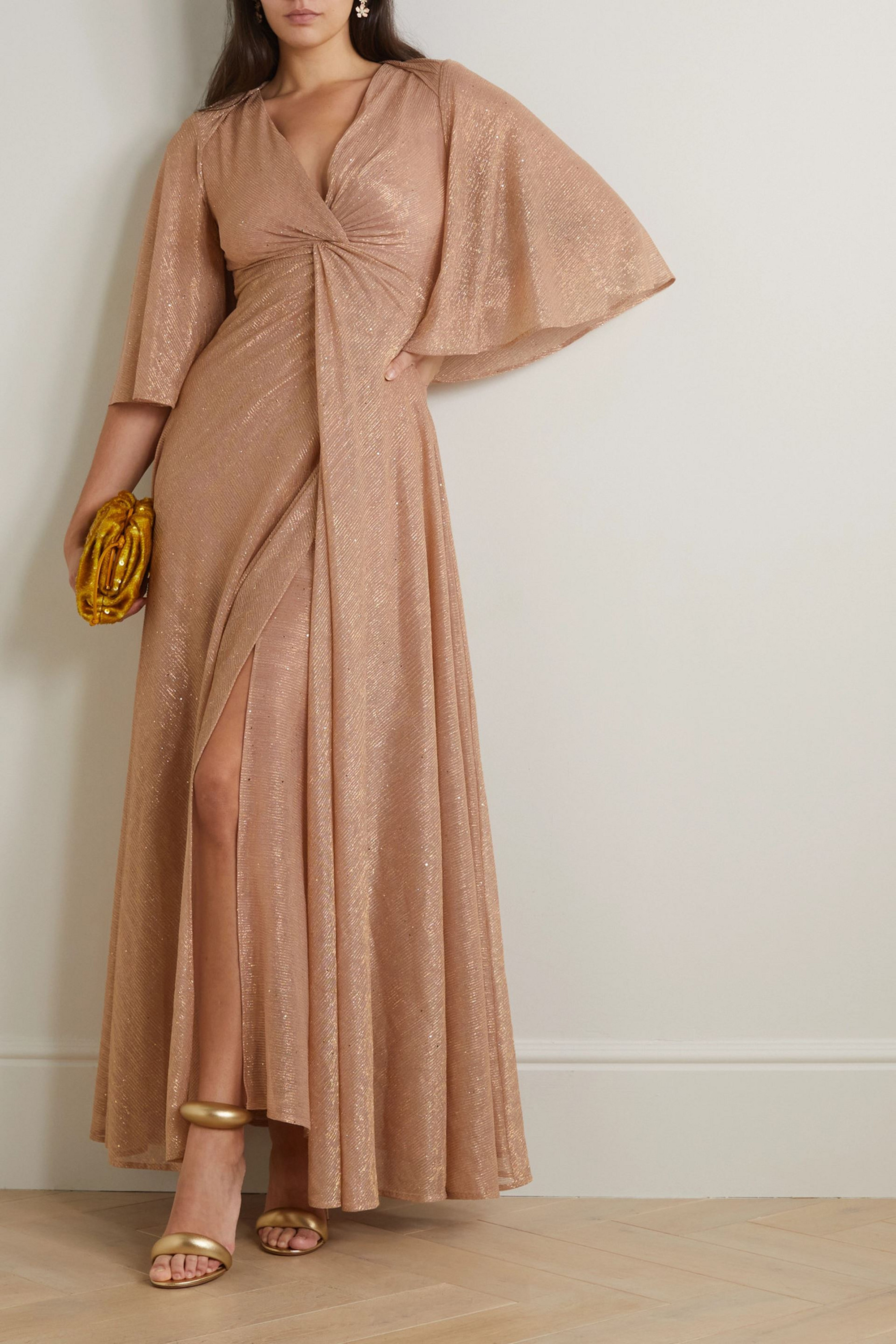 TALBOT RUNHOF Cape-effect twist-front sequin-embellished metallic voile gown