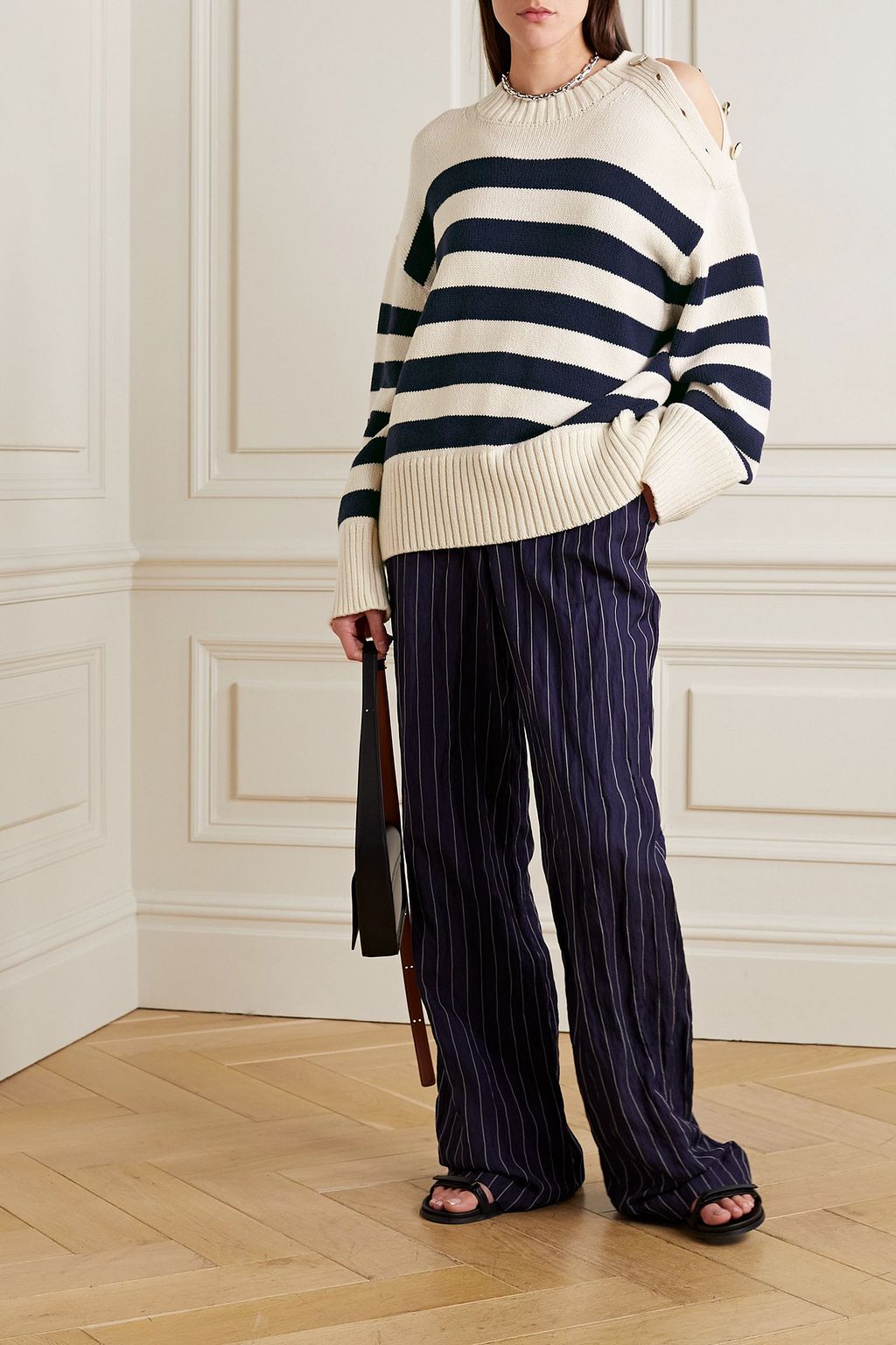 LAFAYETTE 148 كنزة من مزيج قطن وصوف بخطوط