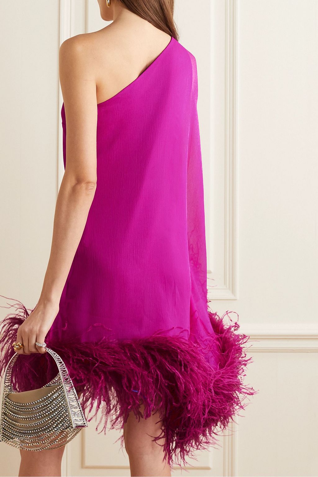TALLER MARMO Piccolo Ubud Spiritoone one-sleeve feather-trimmed silk-chiffon mini dress