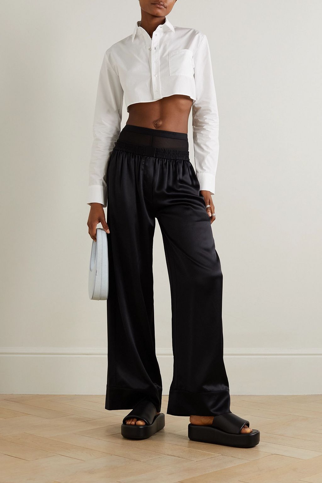 ALEXANDER WANG Mesh-paneled silk-charmeuse wide-leg pants