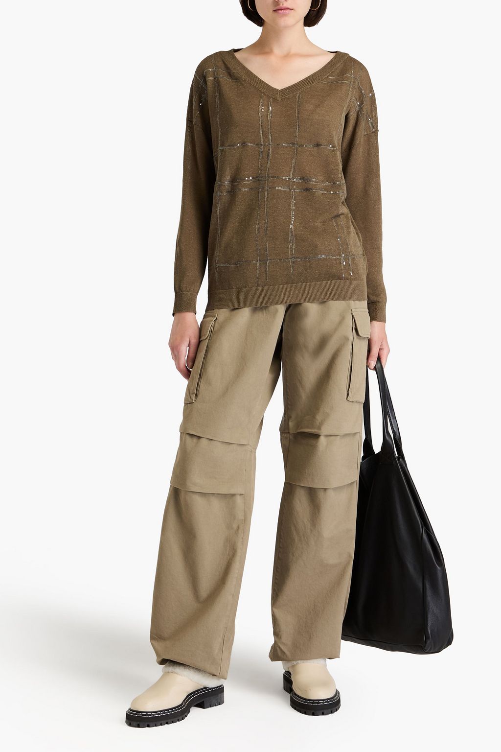 BRUNELLO CUCINELLI كنزة رياضية مصنوعة من مزيج الكتّان بتصميم مزركش