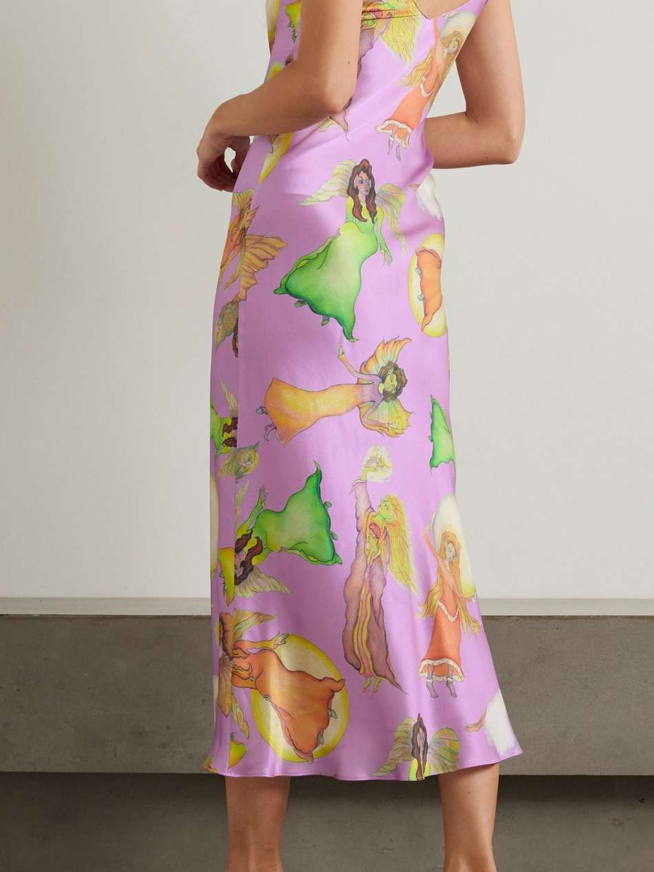 embellished printed silk-satin midi slip dress