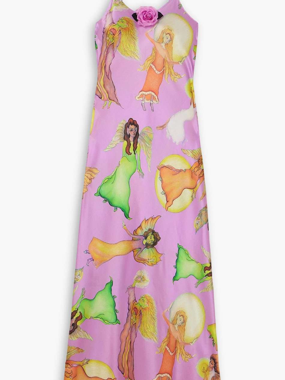 embellished printed silk-satin midi slip dress