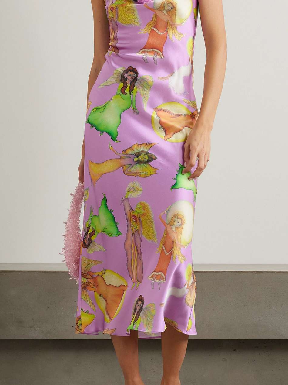 embellished printed silk-satin midi slip dress
