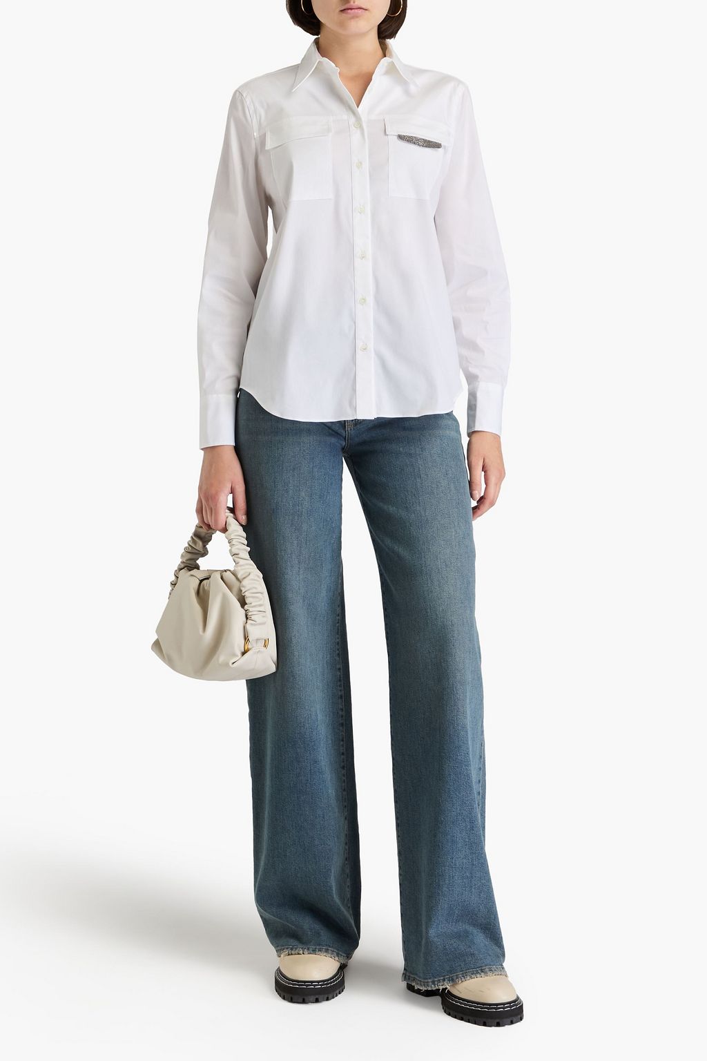 BRUNELLO CUCINELLI コットン混ポプリン シャツ ビーズ付き