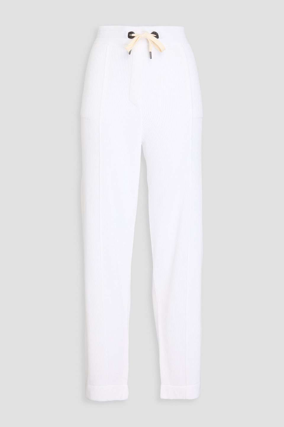 Brunello Cucinelli Bead-embellished Ribbed Cotton Track Trousers In Brown