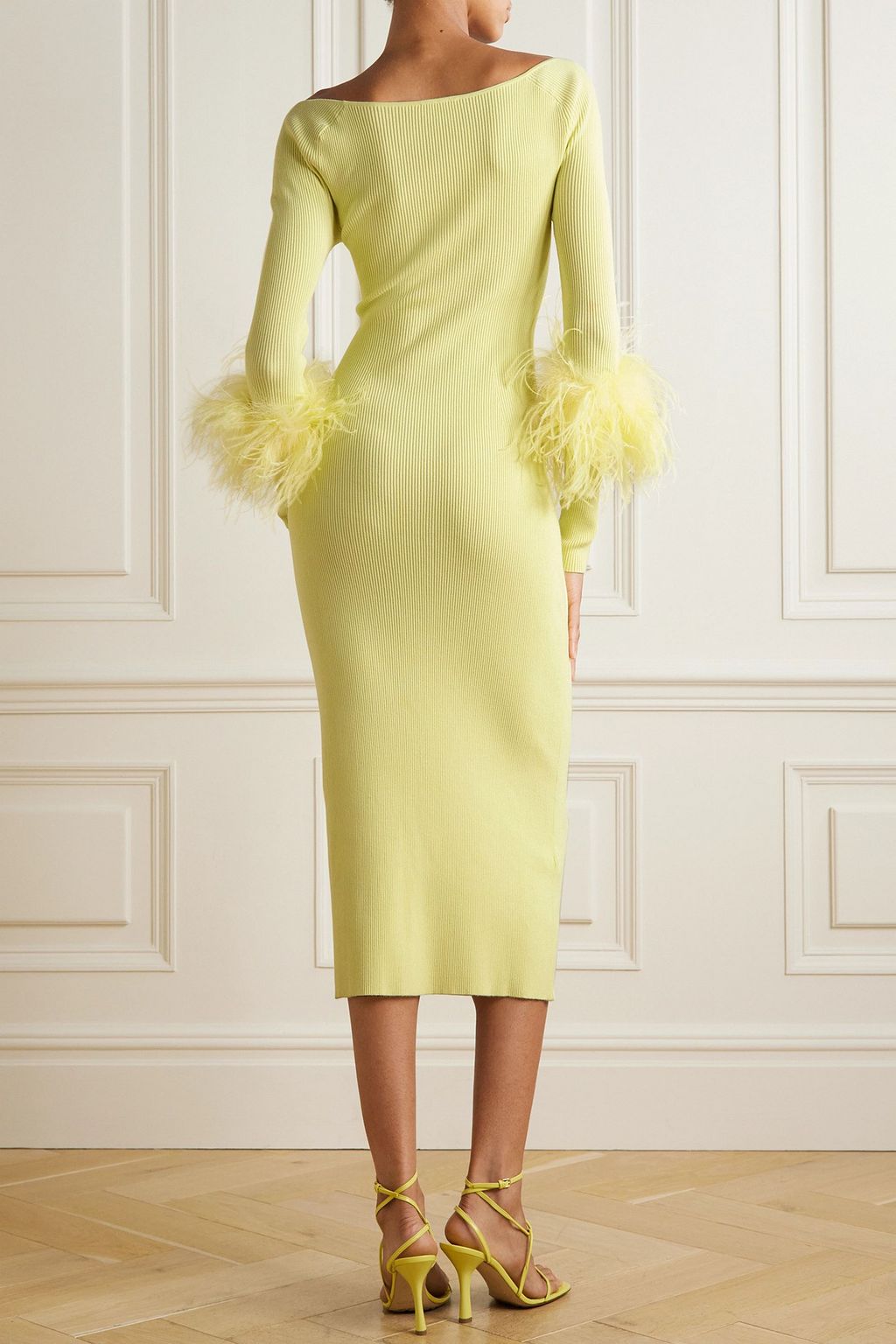 LAPOINTE Feather-embellished cutout ribbed-knit midi dress