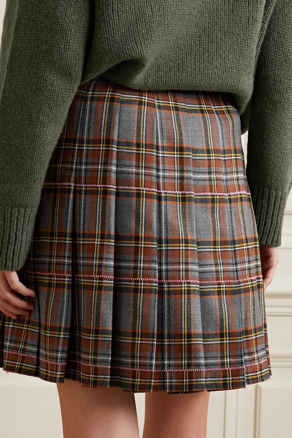 LAFAYETTE 148 Embellished leather-trimmed pleated checked wool mini skirt