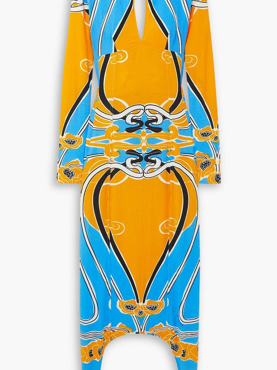 open-back cutout printed stretch-seersucker midi dress