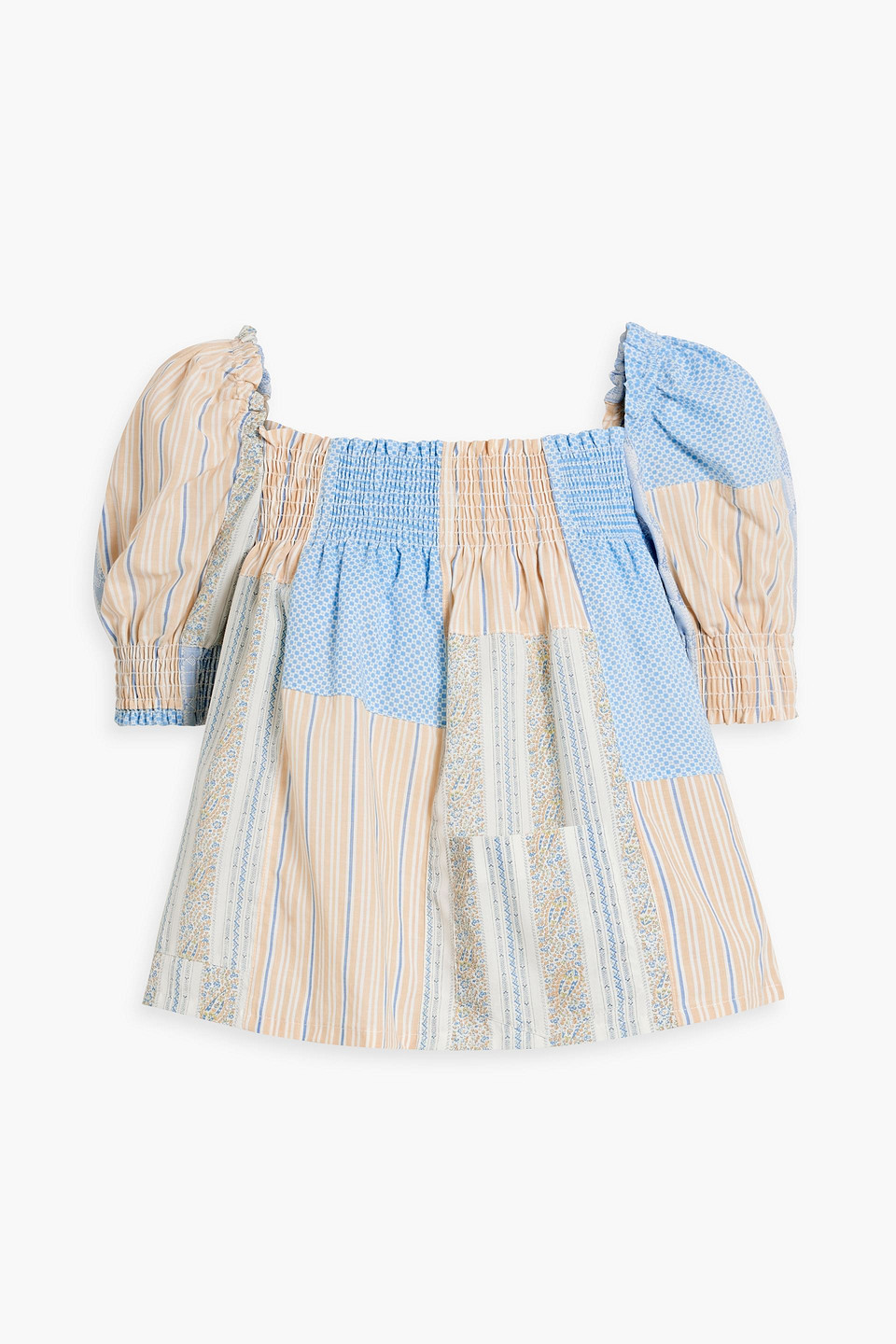 Re/done 70s Shirred Patchwork Printed Cotton Top In Light Blue