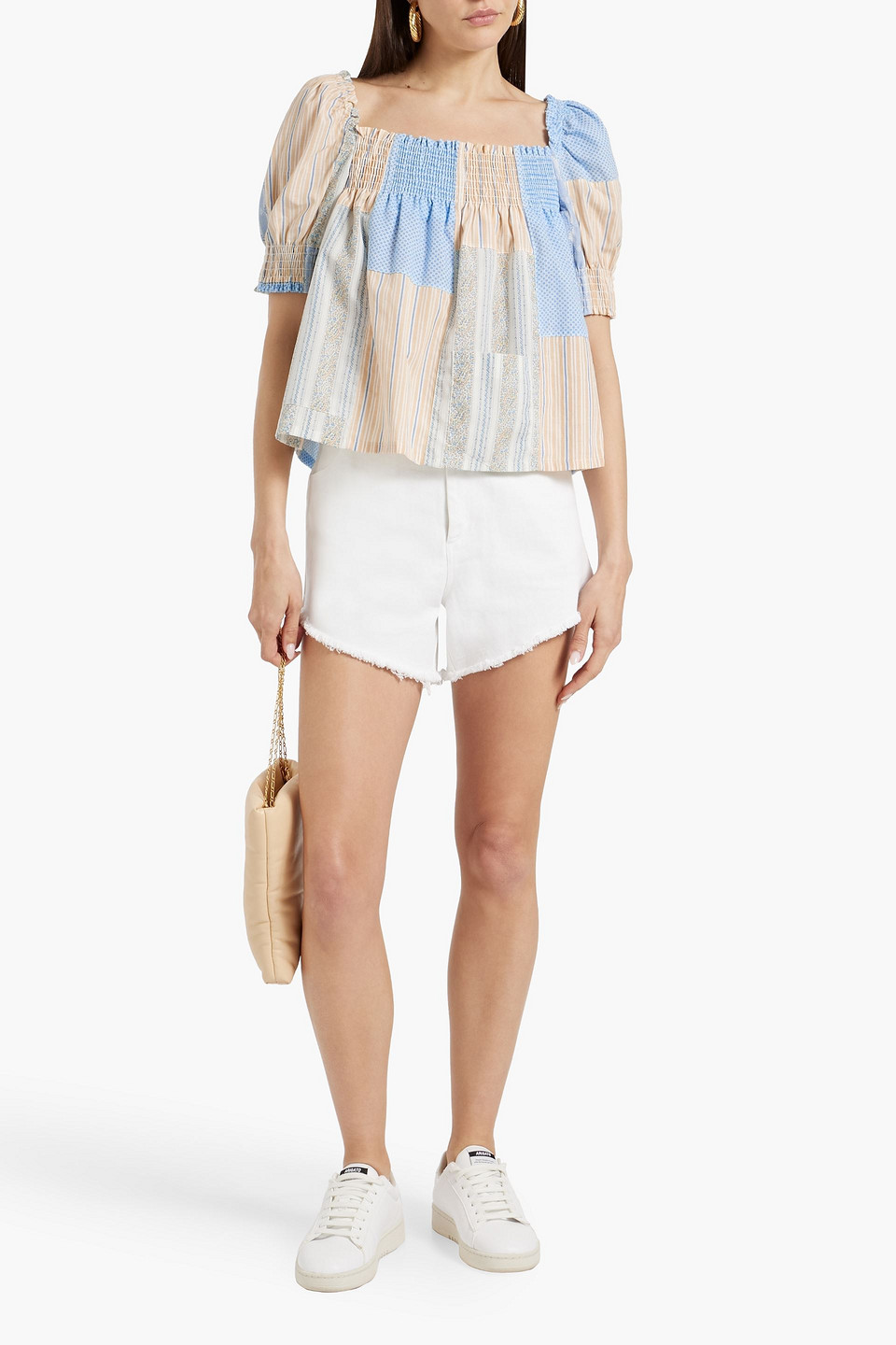 Re/done 70s Shirred Patchwork Printed Cotton Top In Light Blue