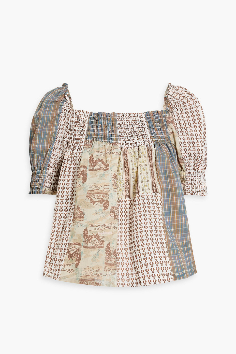 Re/done 70s Upcycled Shirred Patchwork Cotton-voile Top In Light Brown
