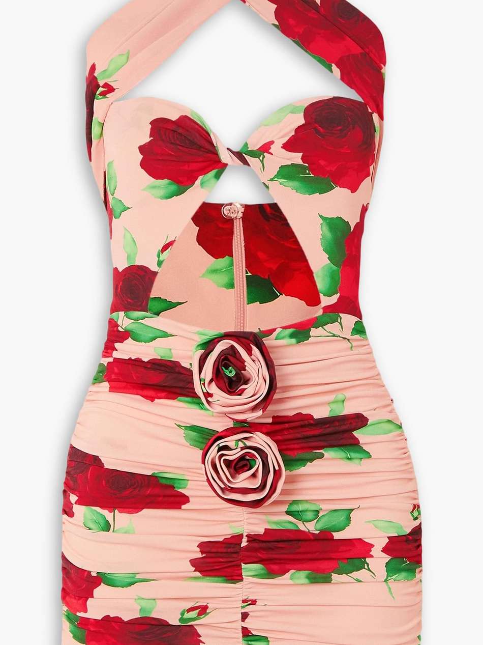 cutout ruched floral-print jersey halterneck mini dress