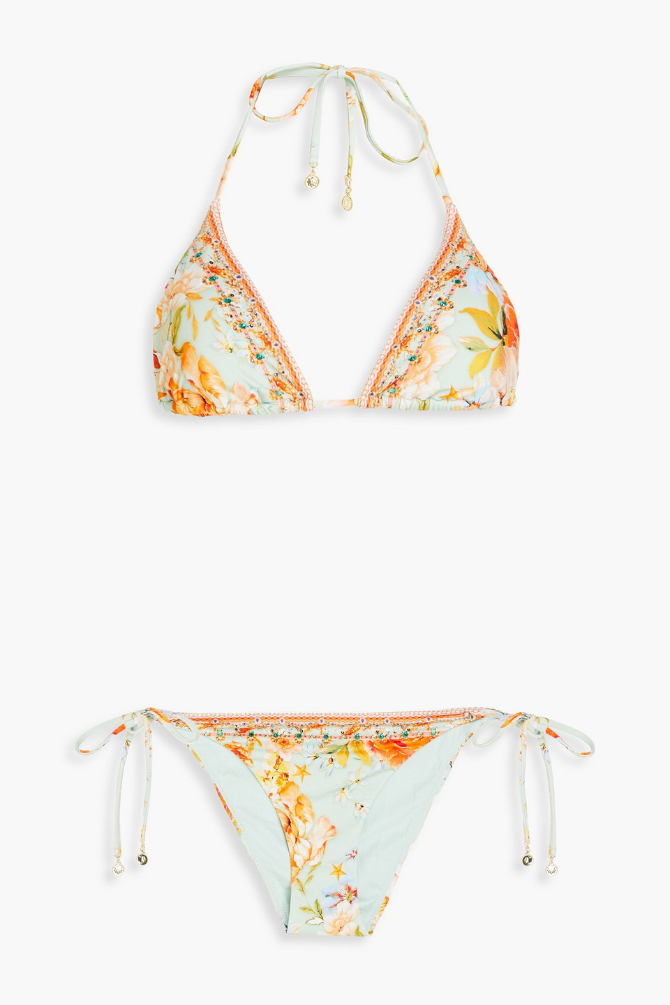 Camilla Crystal-embellished Floral-print Triangle Bikini In Light Green
