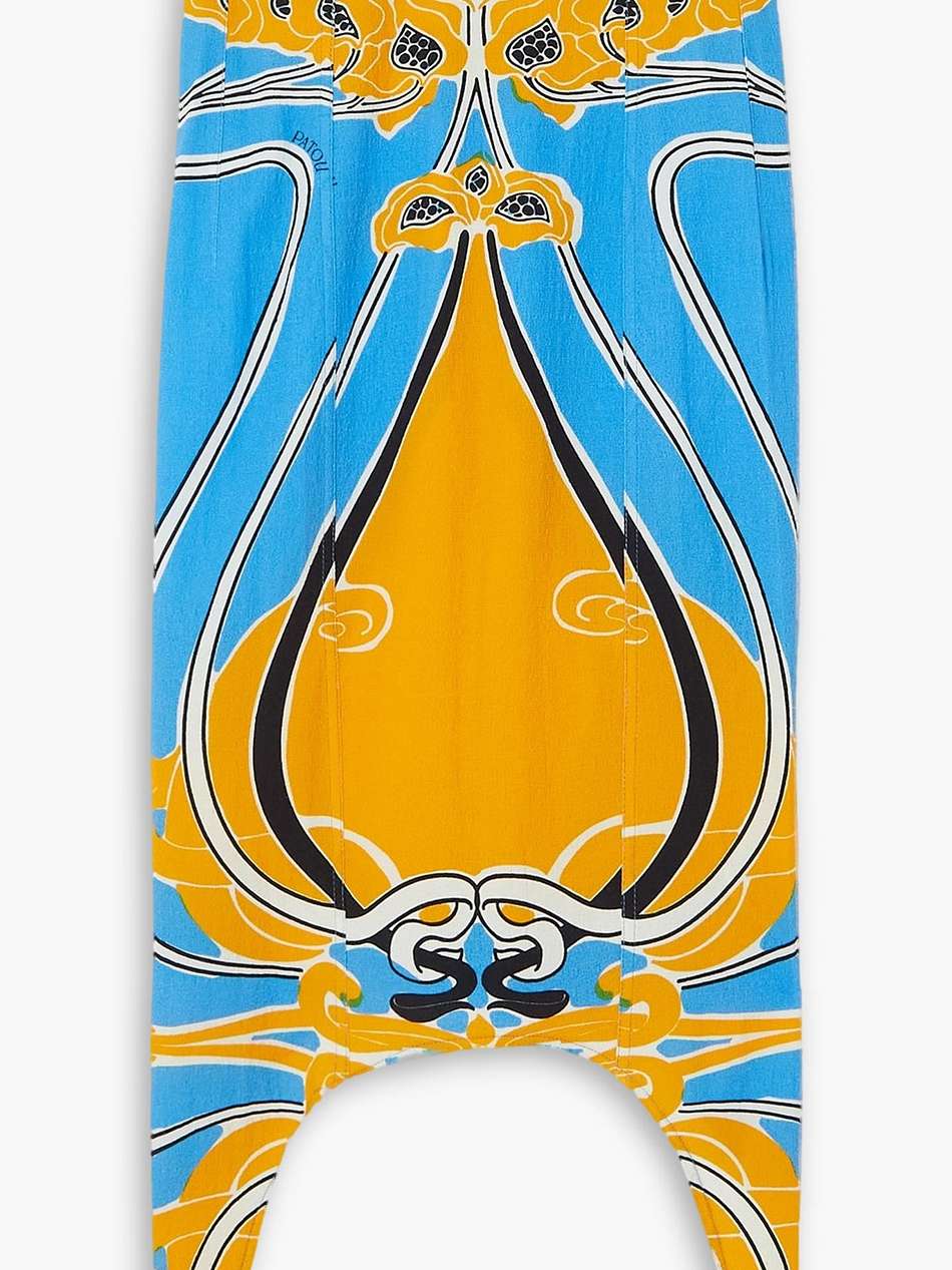 curve asymmetric printed stretch-seersucker midi skirt