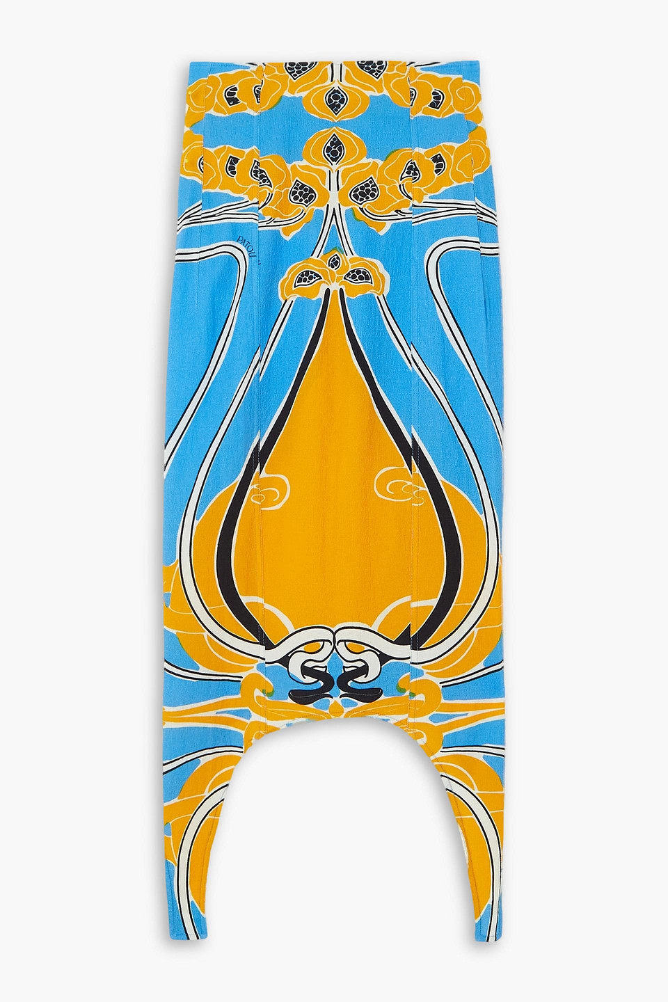 PATOU CURVE ASYMMETRIC PRINTED STRETCH-SEERSUCKER MIDI SKIRT