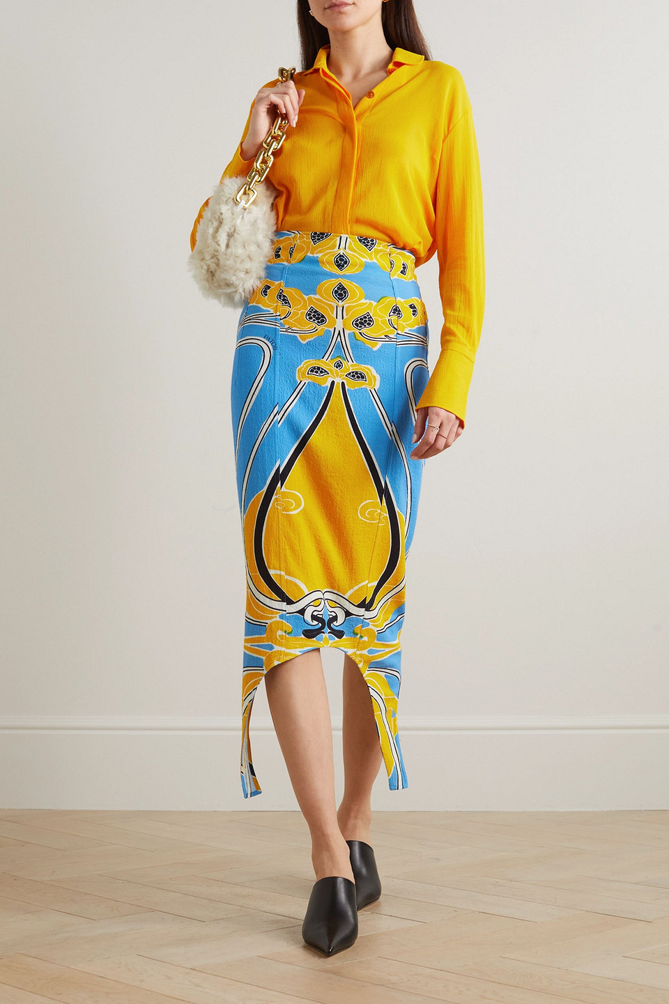 PATOU CURVE ASYMMETRIC PRINTED STRETCH-SEERSUCKER MIDI SKIRT