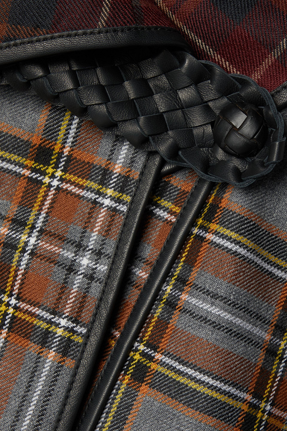 LAFAYETTE 148 LEATHER-TRIMMED FRINGED CHECKED WOOL CAPE