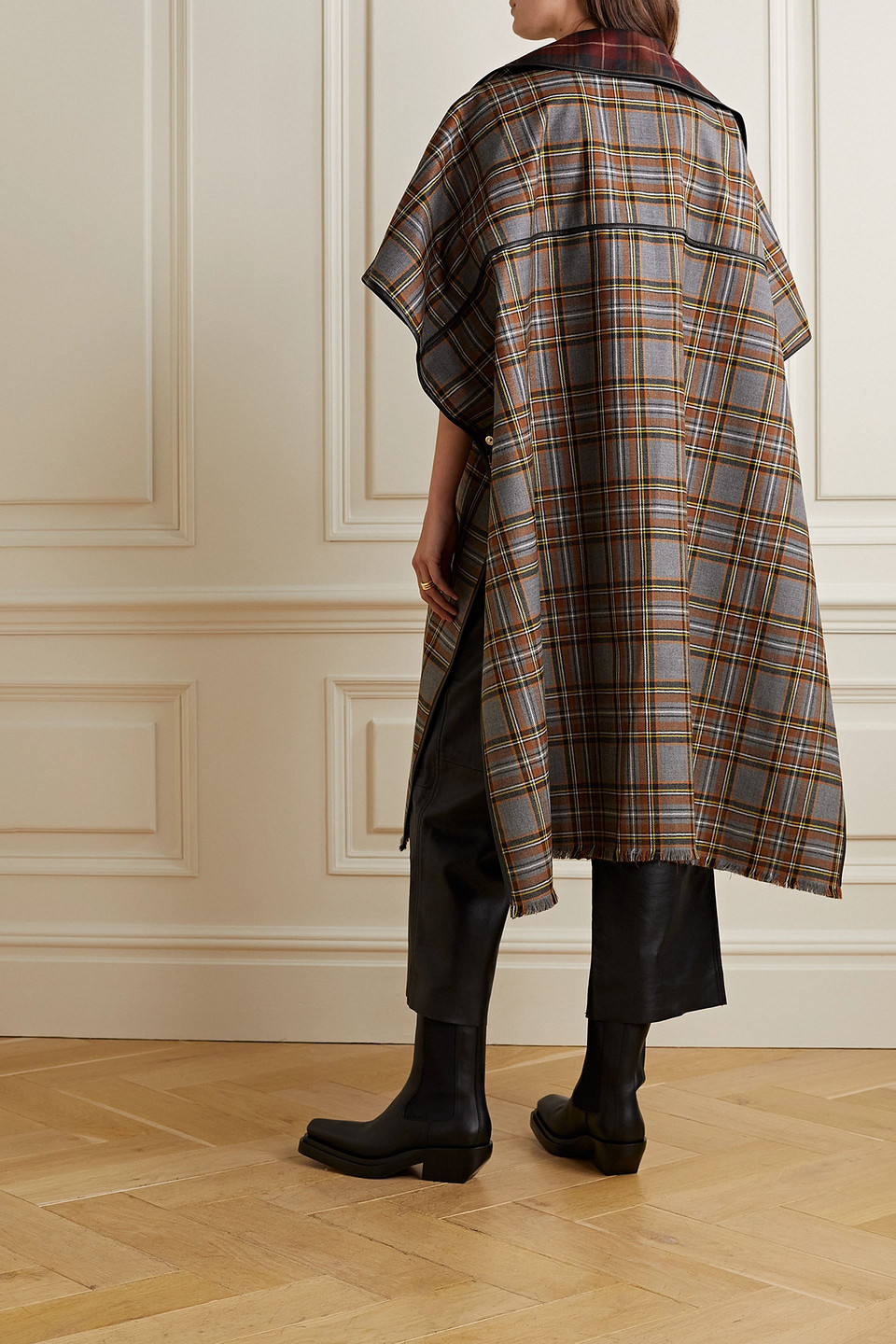 LAFAYETTE 148 LEATHER-TRIMMED FRINGED CHECKED WOOL CAPE