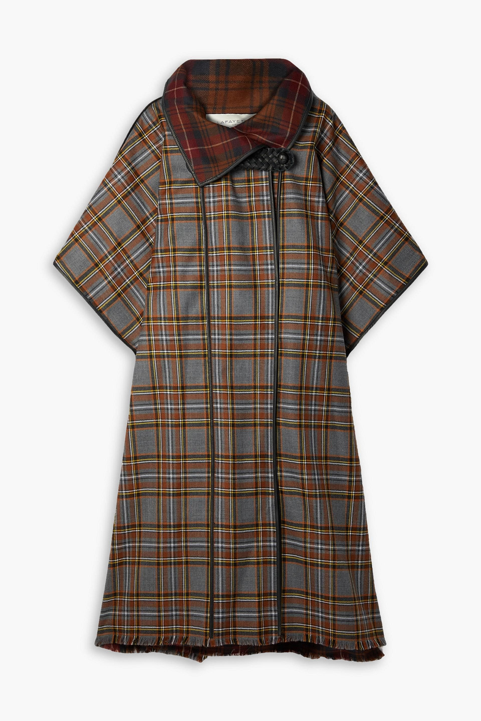 Lafayette 148 Leather-trimmed Fringed Checked Wool Cape In Dark Gray