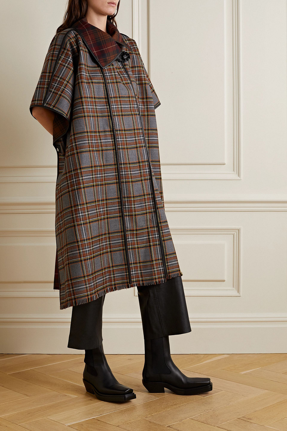 LAFAYETTE 148 LEATHER-TRIMMED FRINGED CHECKED WOOL CAPE