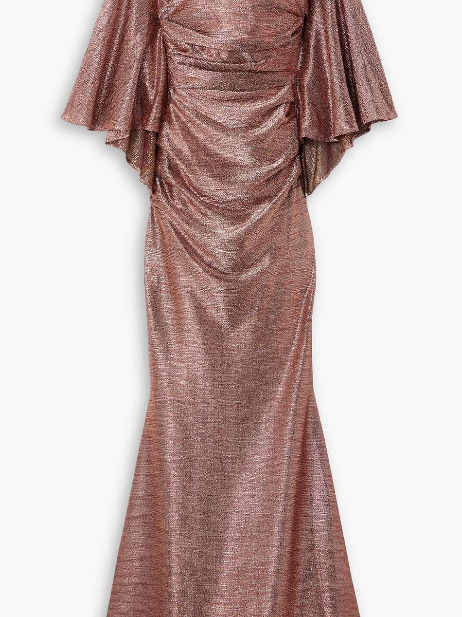 cape-effect ruched glittered voile gown