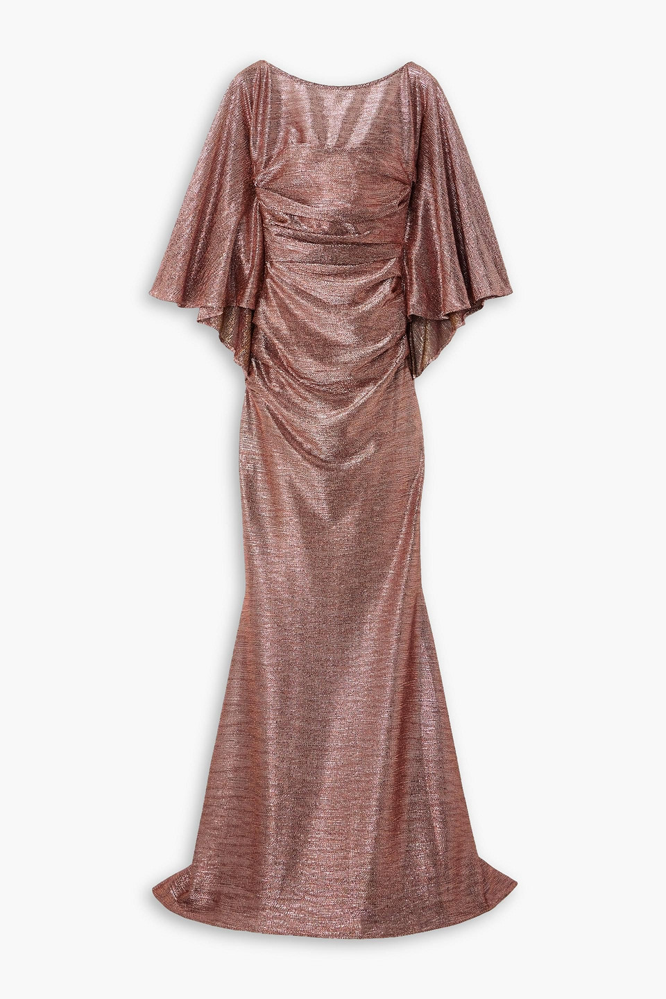 Cape-effect ruched glittered voile gown