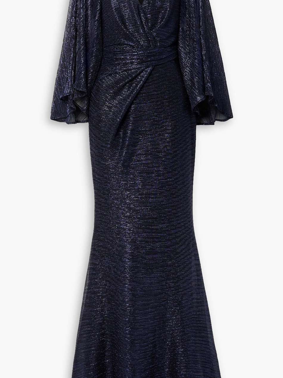 wrap-effect metallic voile gown