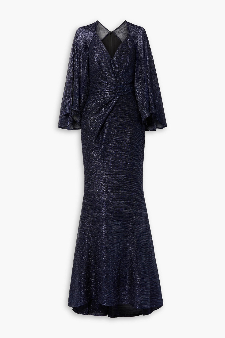 Wrap-effect metallic voile gown