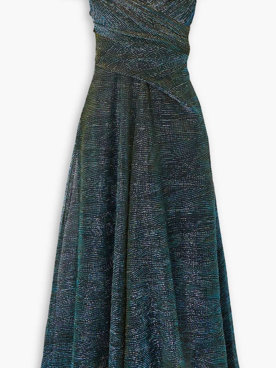 draped metallic voile midi dress